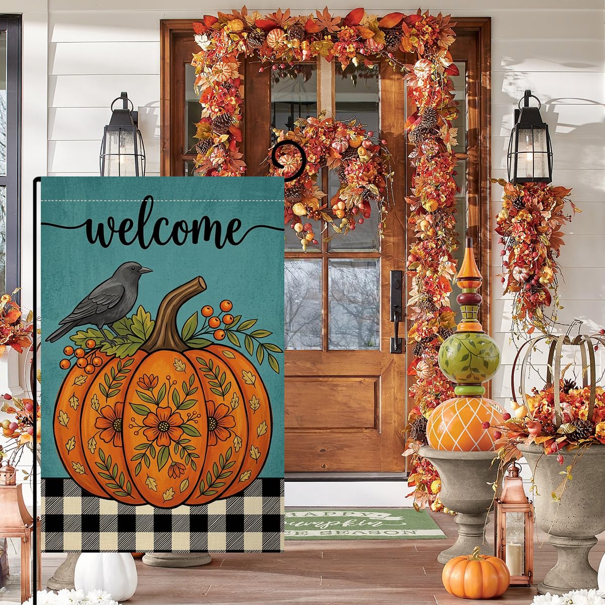 Fall Welcome Floral Pumpkin Garden Flag 12x18 Black Crow Berries Yard Decor