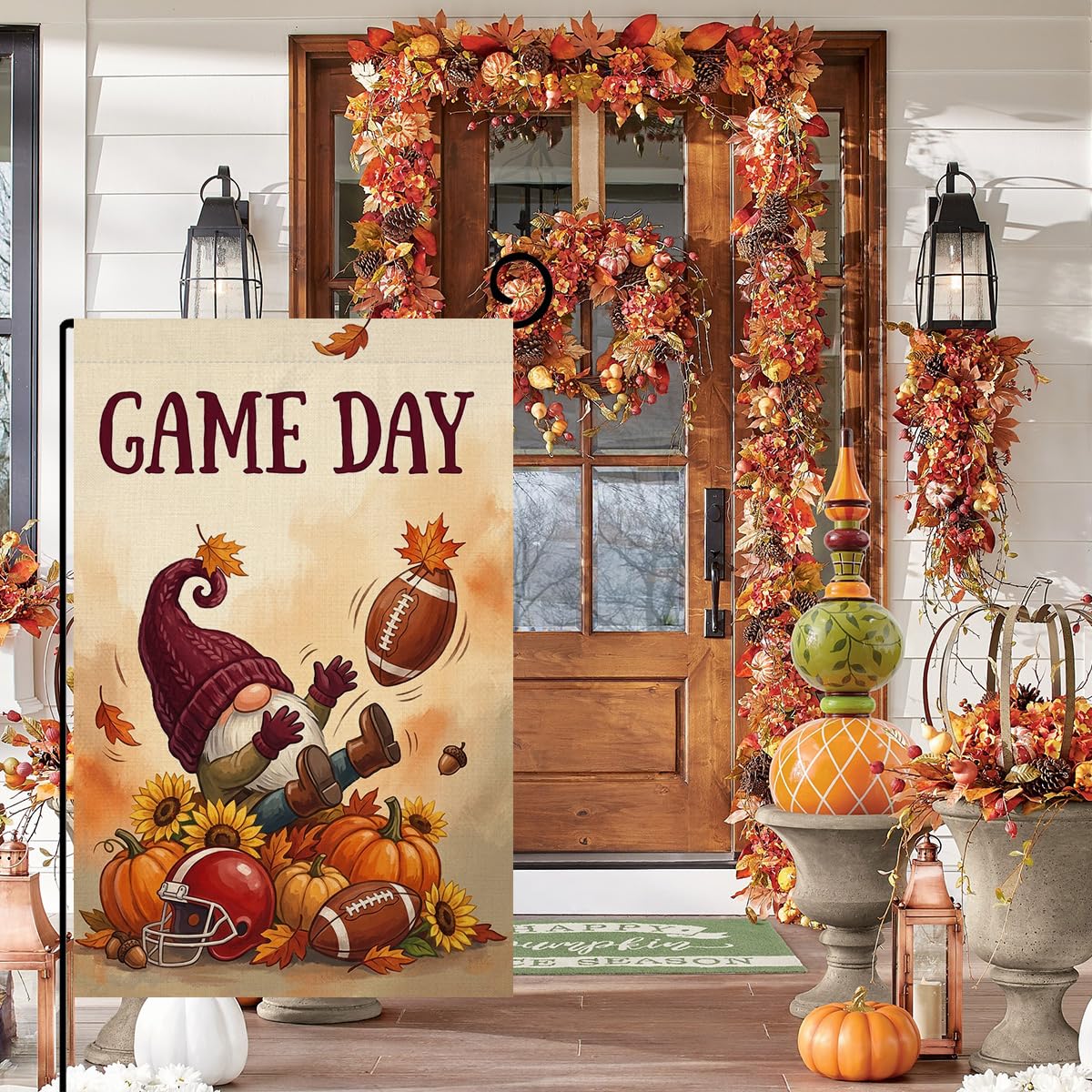Fall Game Day Football Gnome Garden Flag 12x18 Pumpkin Sunflower Yard Decor
