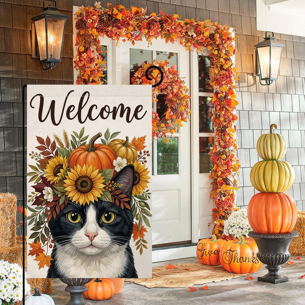 Fall Welcome Tuxedo Cat Garden Flag 12x18 Pumpkin Floral Crown Yard Decor