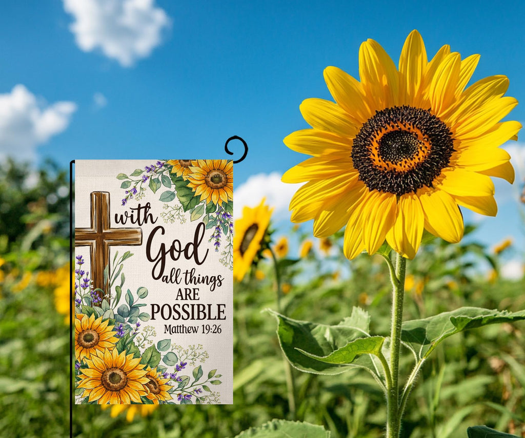 Summer Sunflower Garden Flag 12x18 Vertical Double Sided With God All Things Are Possible Floral Spring Farmhouse Holiday Outside Decorations Burlap Yard Flag