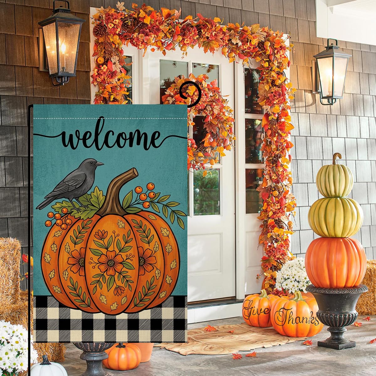 Fall Welcome Floral Pumpkin Garden Flag 12x18 Black Crow Berries Yard Decor