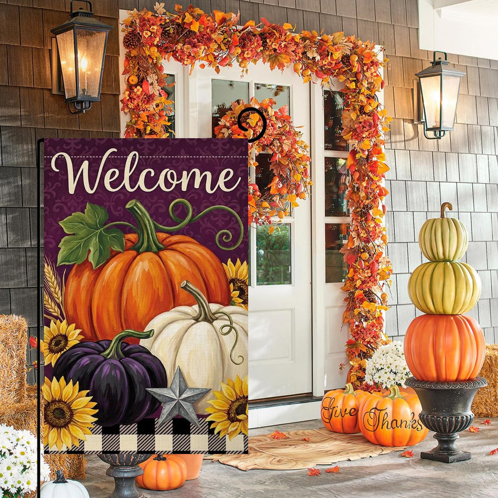 Fall Welcome Pumpkins Garden Flag 12x18 Sunflowers Buffalo Plaid Yard Decor