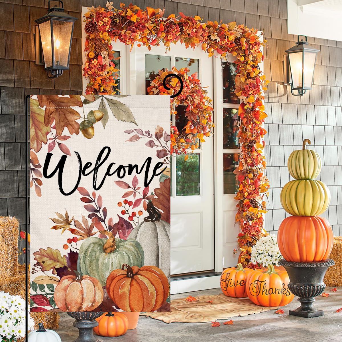 Fall Pumpkin Leaves Garden Flag 12x18 Vertical Double Sided Welcome Autumn Thanksgiving Holiday Outside Decorations Burlap Yard Flag