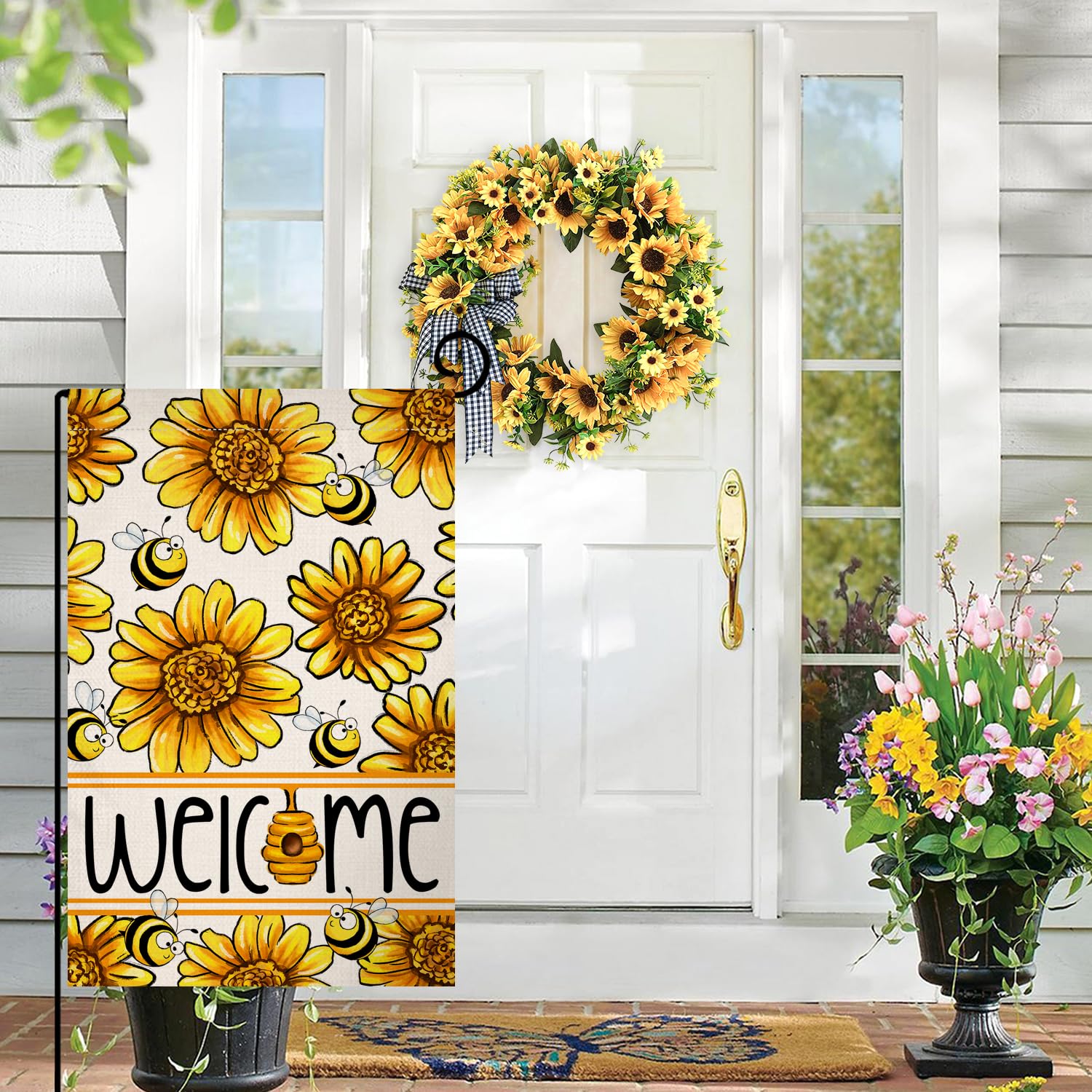 Spring Summer Sunflower Garden Flag 12x18 Vertical Double Sided Bee Welcome Farmhouse Holiday Outside Decorations Burlap Yard Flag