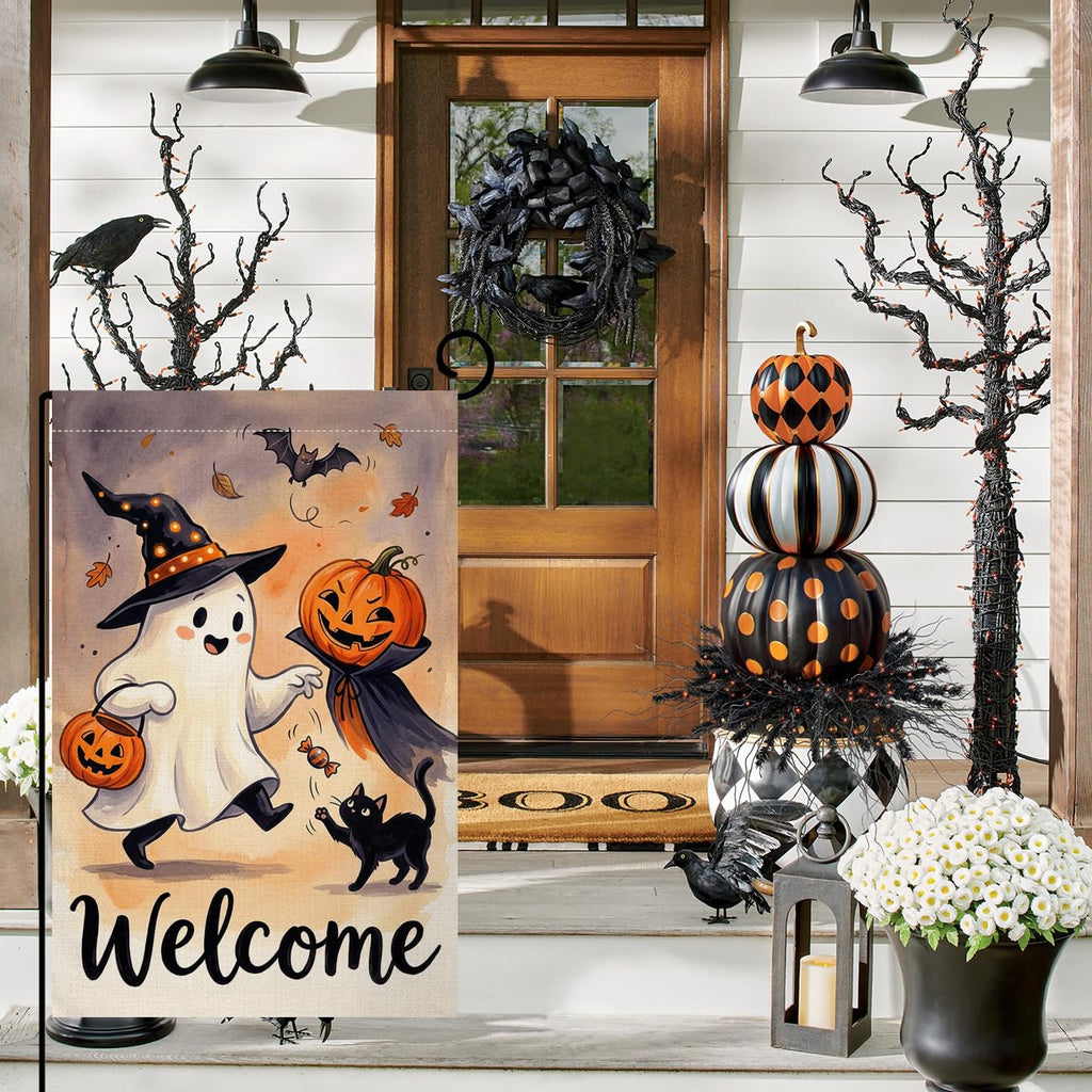 Fall Halloween Welcome Ghost Garden Flag 12x18 Witch Hat Pumpkin Yard Decor