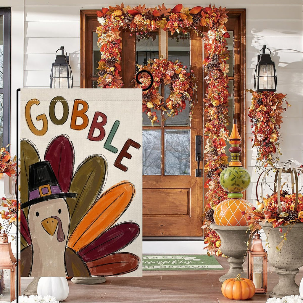 Fall Thanksgiving Gobble Turkey Garden Flag 12x18 Pilgrim Hat Yard Decor