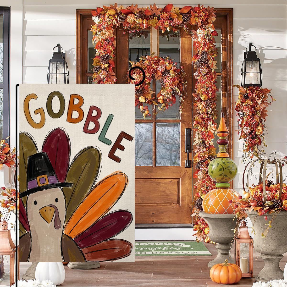 Fall Thanksgiving Gobble Turkey Garden Flag 12x18 Pilgrim Hat Yard Decor