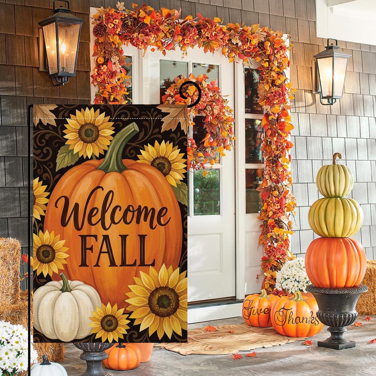 Fall Welcome Pumpkin Garden Flag 12x18 Sunflowers White Pumpkin Yard Decor