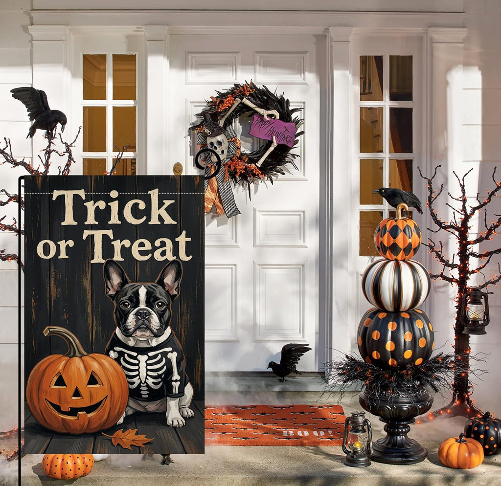 Fall Halloween Trick or Treat Garden Flag 12x18 Skeleton Dog Yard Decor