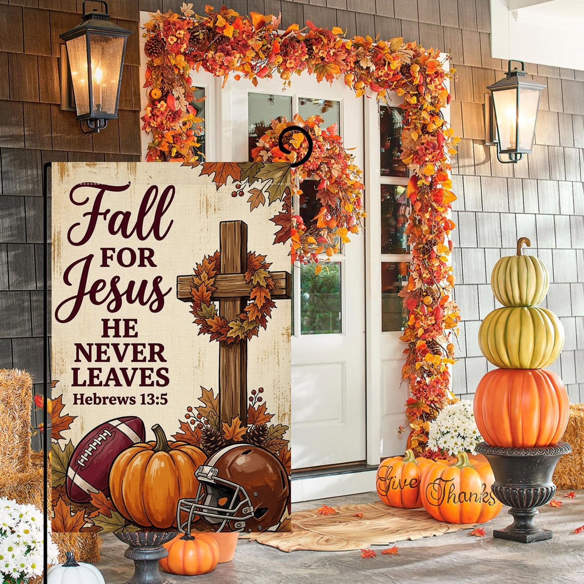 Fall for Jesus Cross Garden Flag 12x18 Football Helmet Pumpkin Yard Decor
