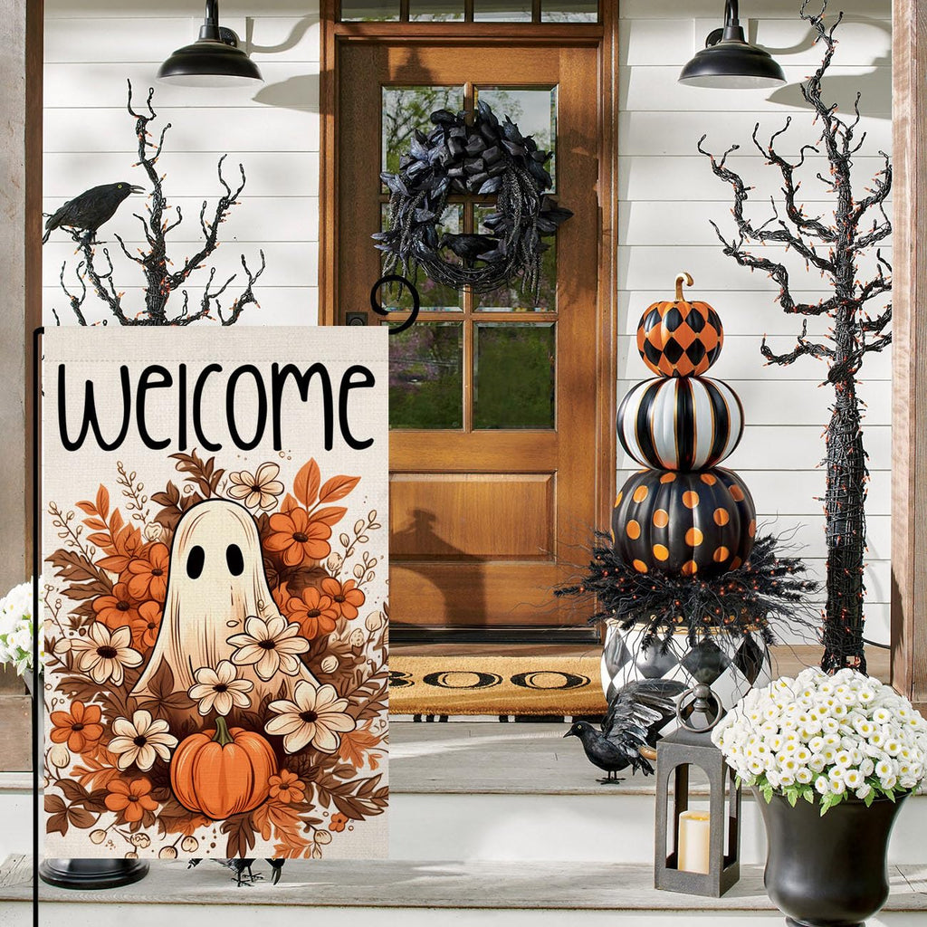 Halloween Ghost Garden Flag 12x18 Vertical Double Sided Spooky Pumpkin Fall Holiday Outside Decorations Burlap Yard Flag