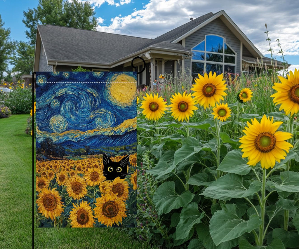 Summer Sunflower Cat Garden Flag 12x18 Vertical Double Sided Blue Sky Welcome Farmhouse Holiday Outside Decorations Burlap Yard Flag