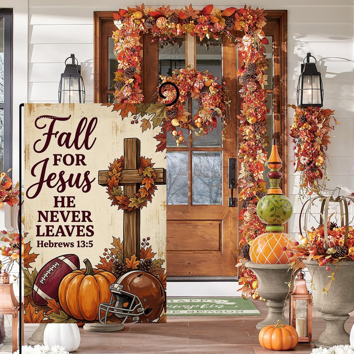 Fall for Jesus Cross Garden Flag 12x18 Football Helmet Pumpkin Yard Decor