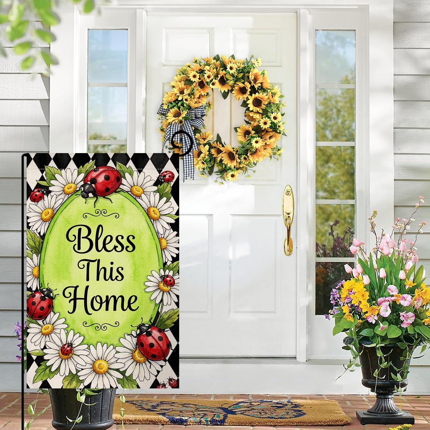Spring Summer Daisy Garden Flag 12x18 Vertical Double Sided Ladybug Bless This Home Farmhouse Holiday Outside Decorations Burlap Yard Flag