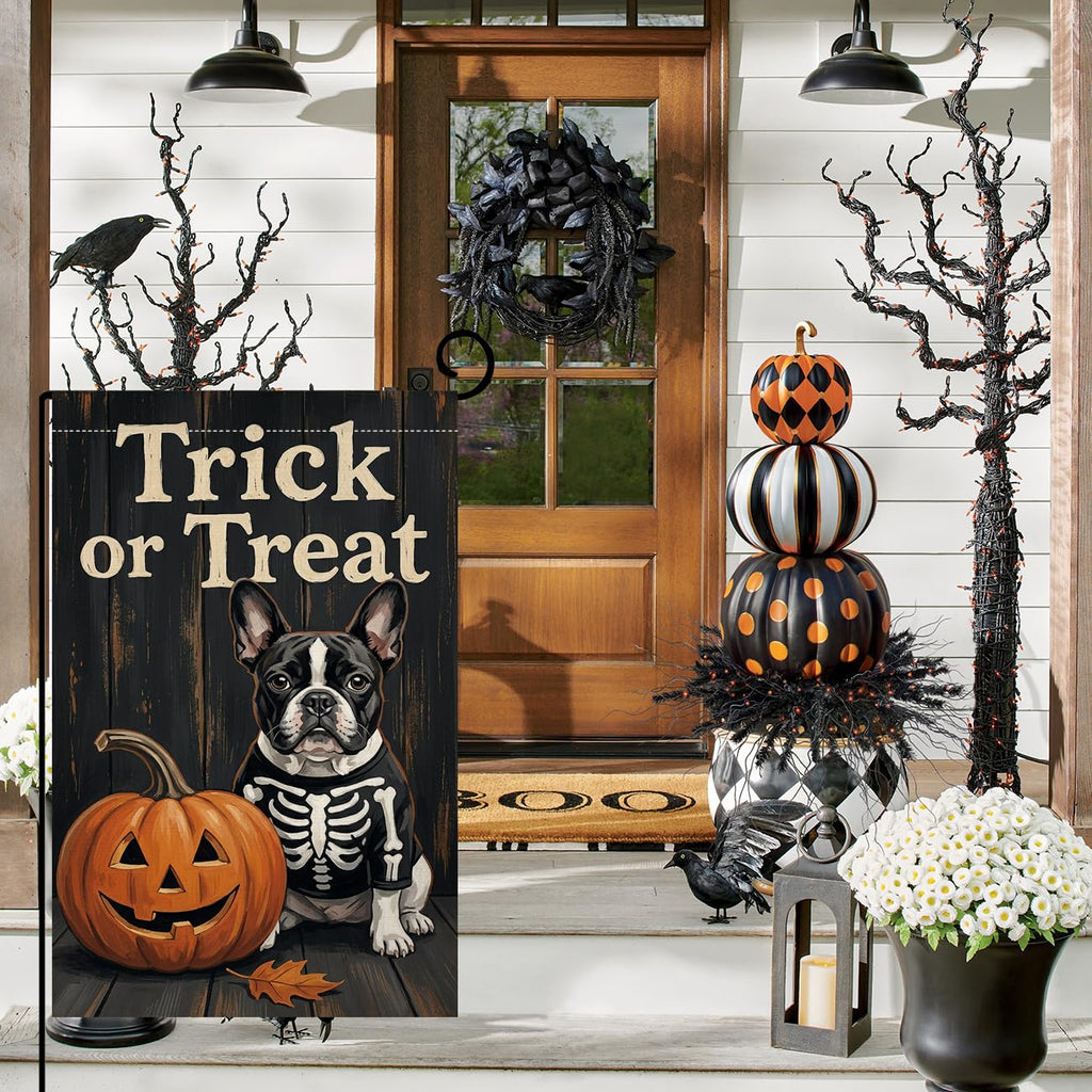 Fall Halloween Trick or Treat Garden Flag 12x18 Skeleton Dog Yard Decor