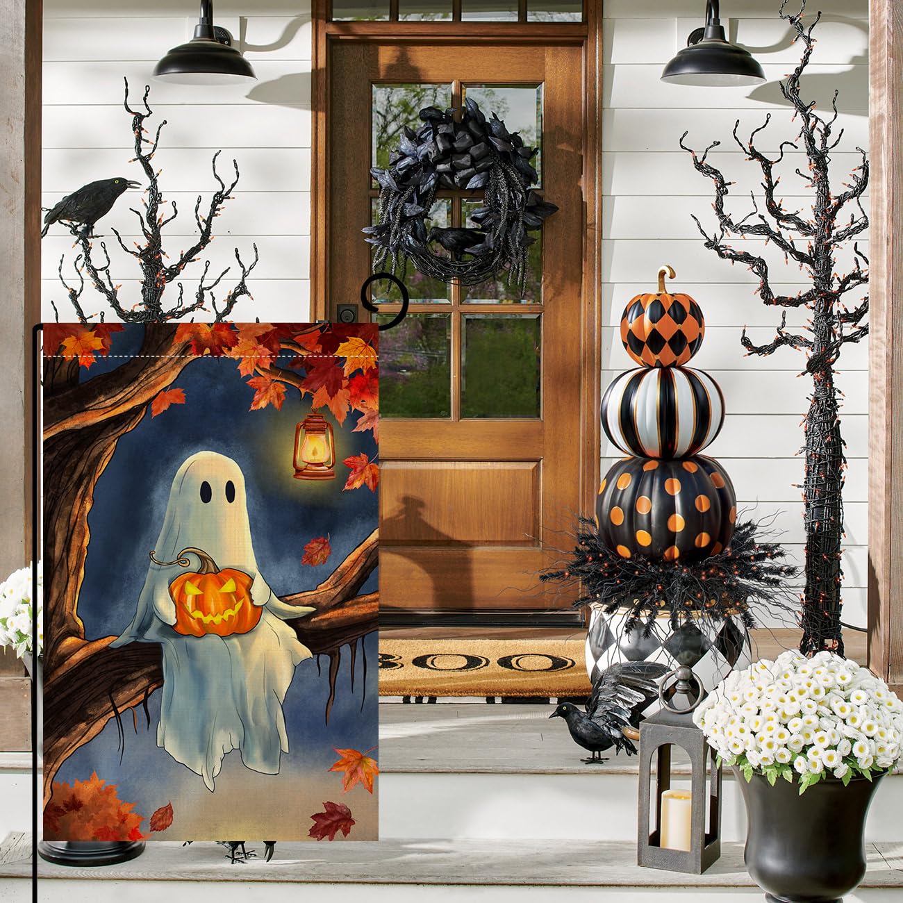 Halloween Ghost Garden Flag 12x18 Vertical Double Sided Maple Leaf Tree Welcome Fall Holiday Outside Decorations Burlap Yard Flag