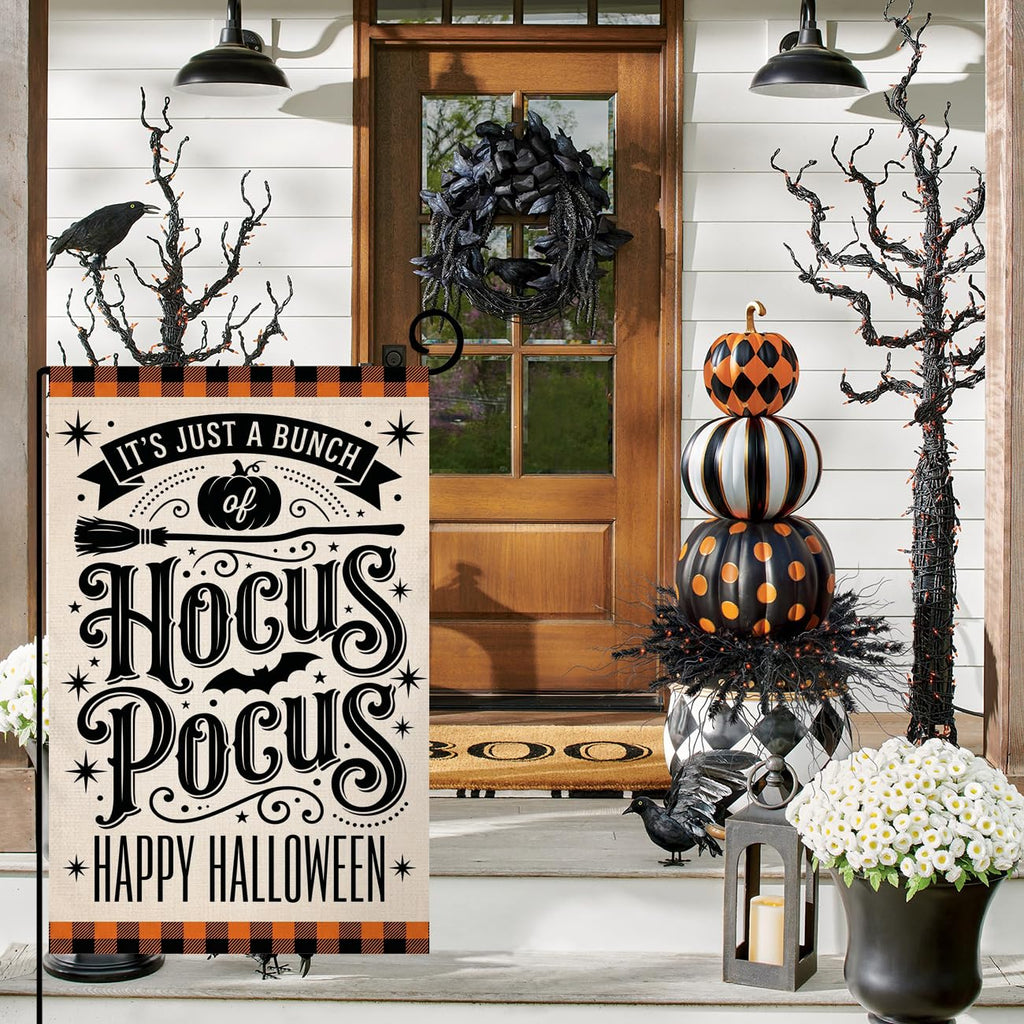 Fall Halloween Hocus Pocus Garden Flag 12x18 Witch Broom Bat Yard Decor