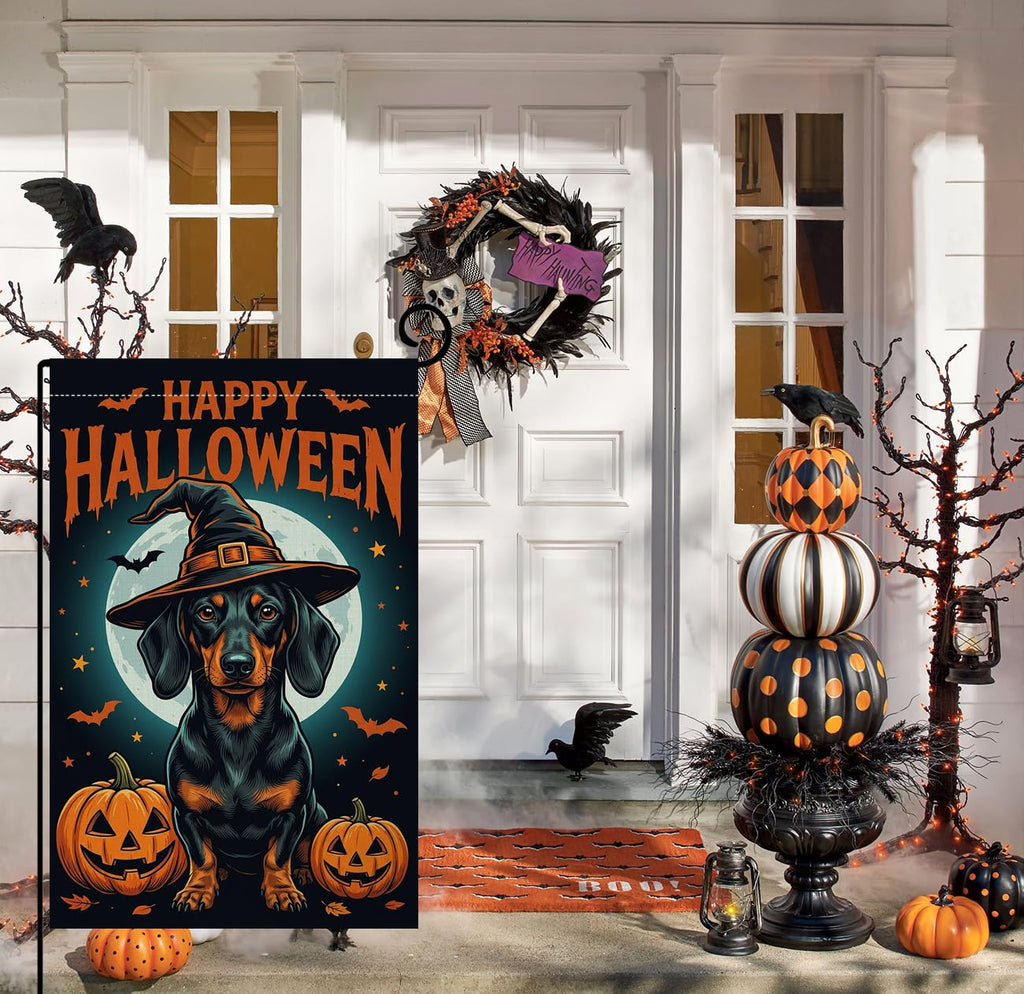 Fall Halloween Dachshund Witch Hat Garden Flag 12x18 Pumpkins Yard Decor