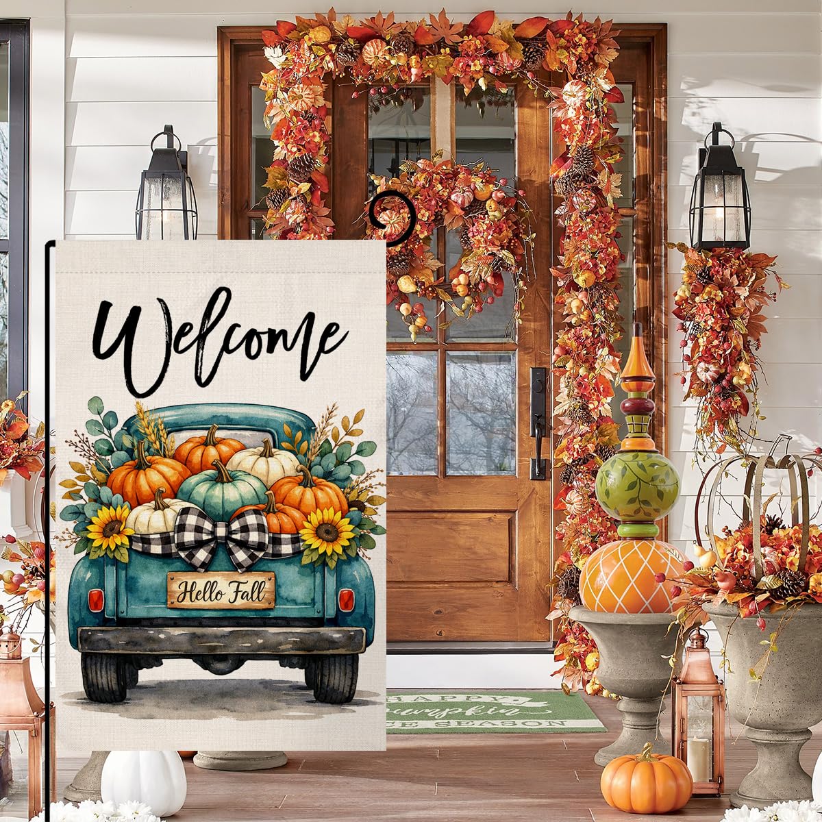 Fall Welcome Blue Truck Garden Flag 12x18 Pumpkins Hello Fall Yard Decor