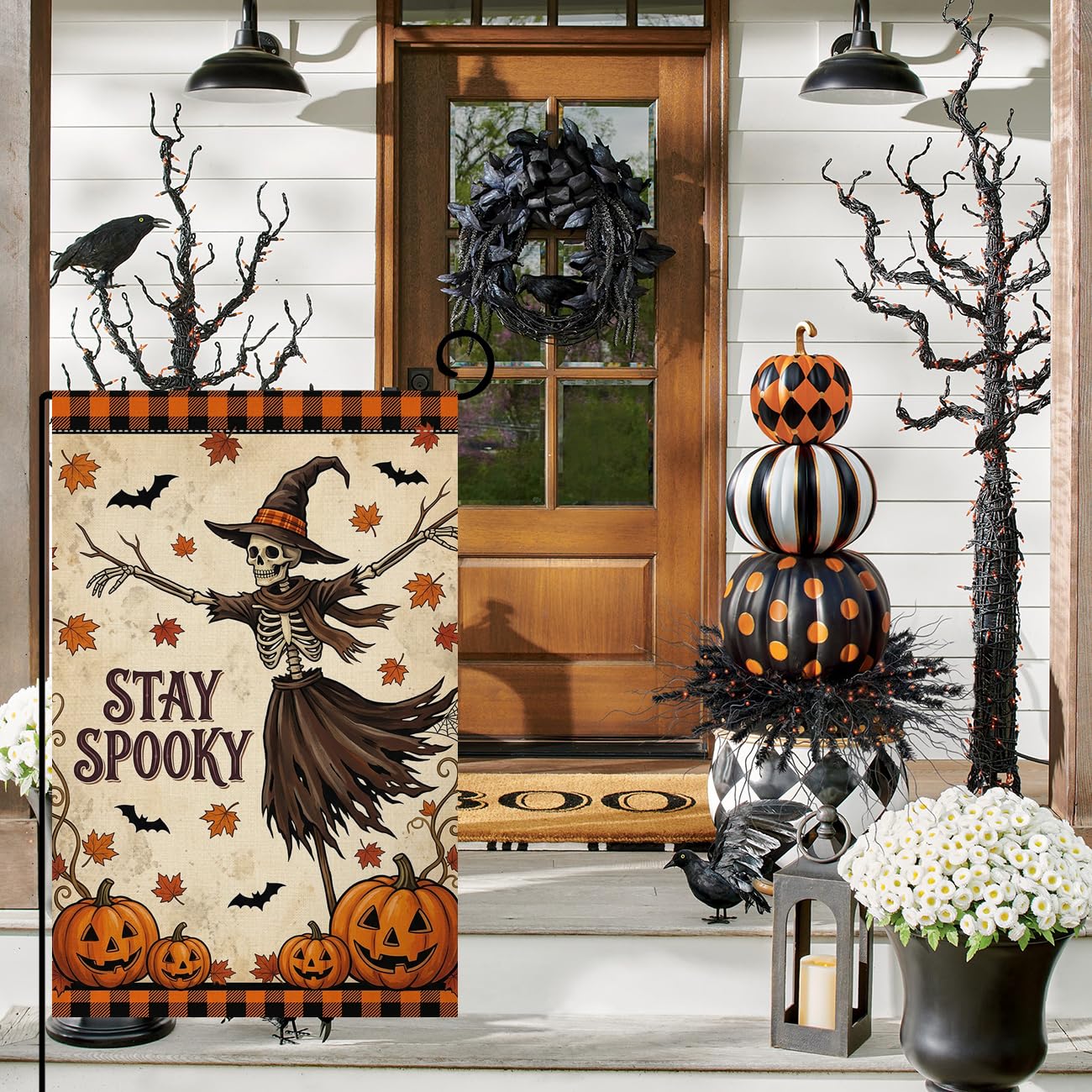 Fall Halloween Stay Spooky Skeleton Garden Flag 12x18 Witch Hat Yard Decor