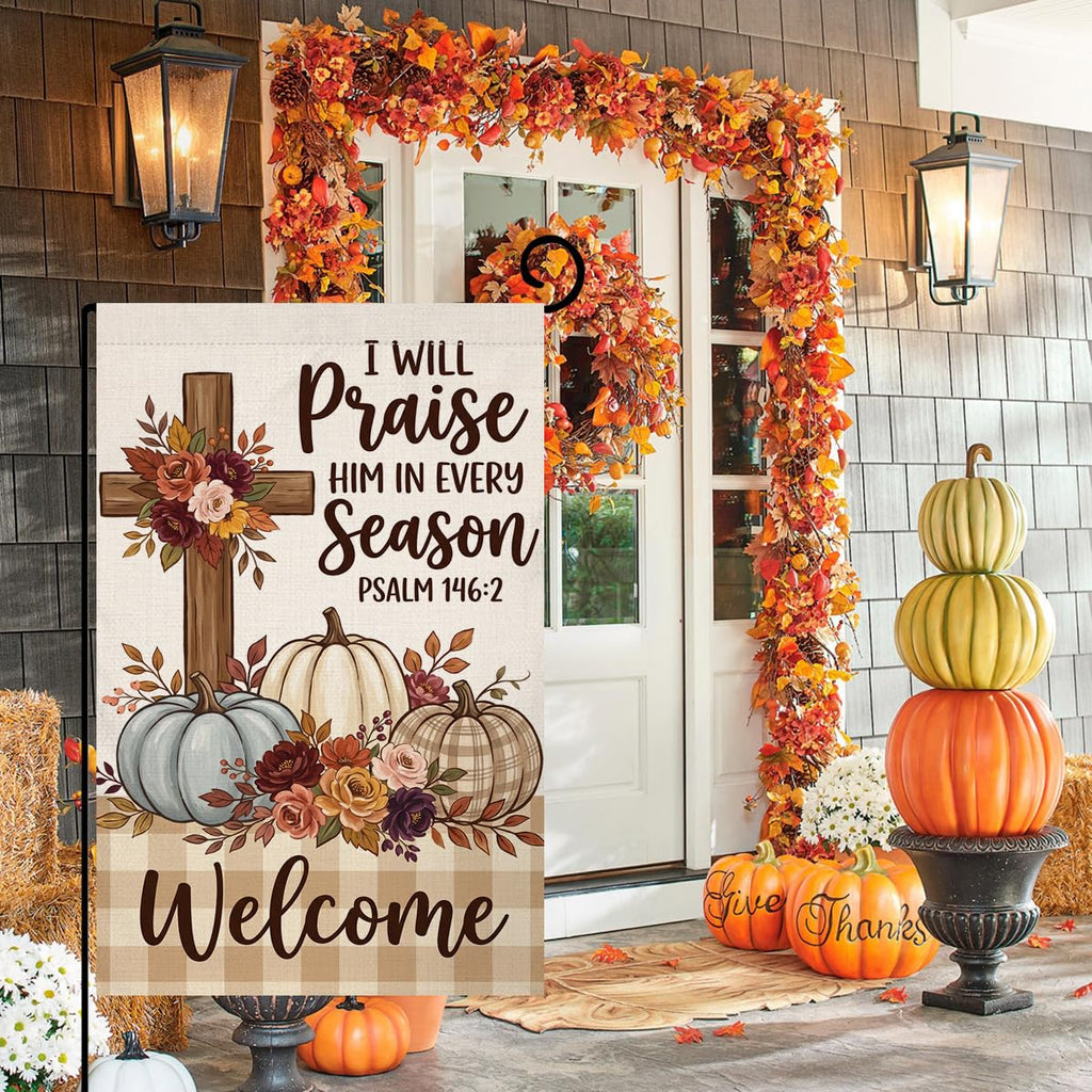 Fall Praise Him in Every Season Garden Flag 12x18 Cross Pumpkins Yard Decor