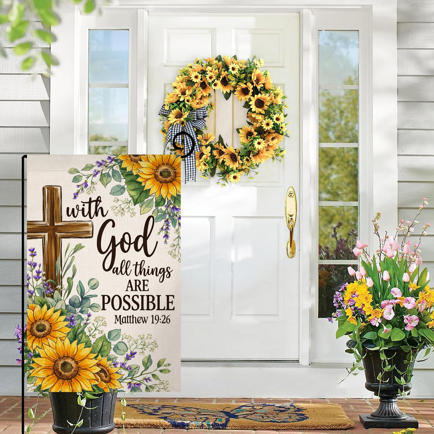 Summer Sunflower Garden Flag 12x18 Vertical Double Sided With God All Things Are Possible Floral Spring Farmhouse Holiday Outside Decorations Burlap Yard Flag