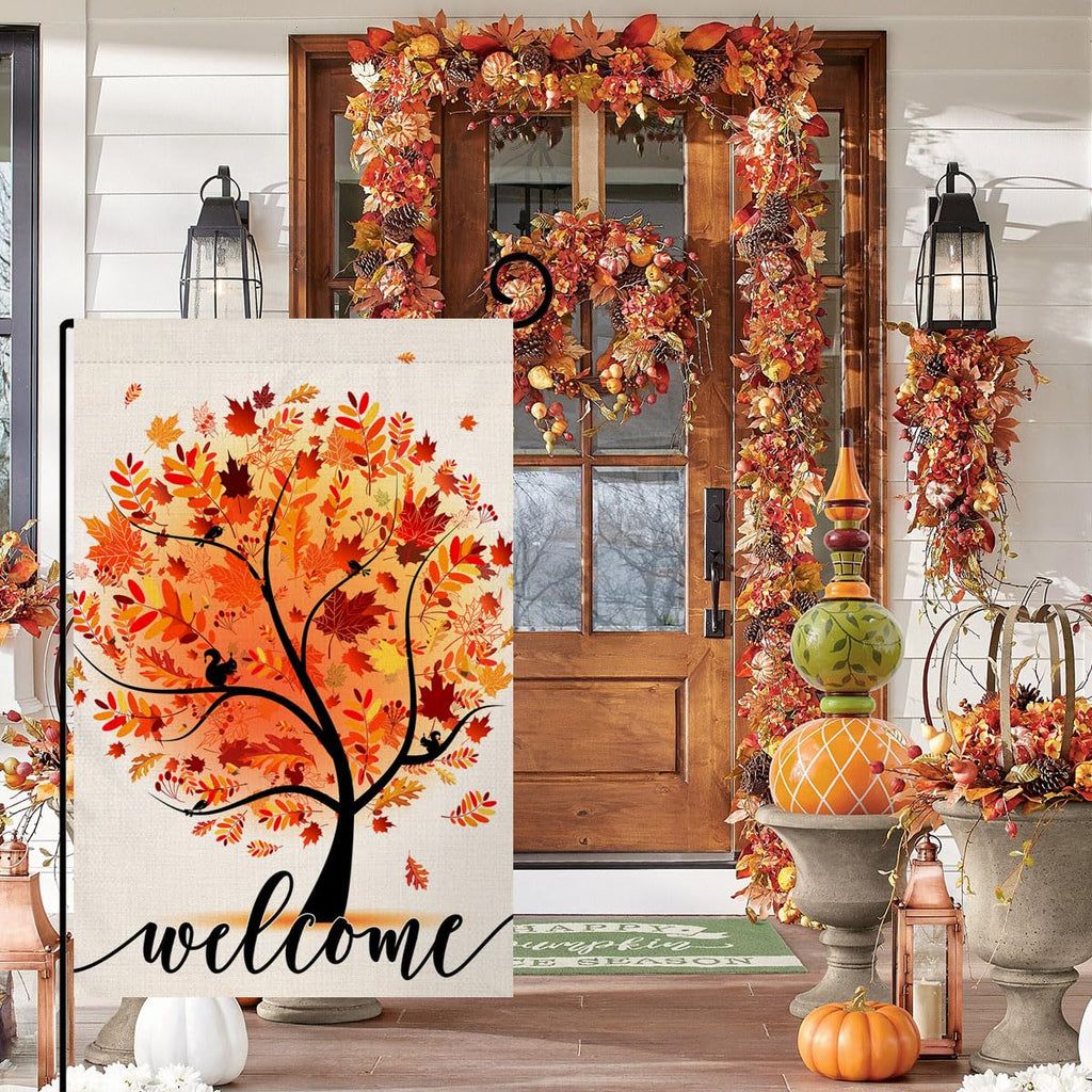 Welcome Fall Tree Garden Flag 12x18 Vertical Double Sided Autumn Maple Leaves Thanksgiving Holiday Outside Decorations Burlap Yard Flag