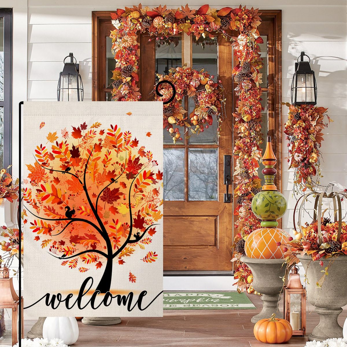 Welcome Fall Tree Garden Flag 12x18 Vertical Double Sided Autumn Maple Leaves Thanksgiving Holiday Outside Decorations Burlap Yard Flag