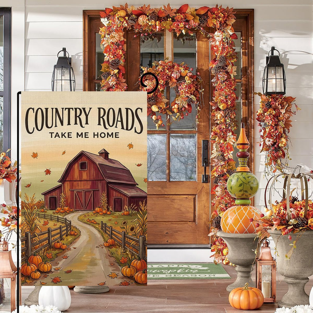 Fall Country Roads Take Me Home Garden Flag 12x18 Red Barn Farm Yard Decor