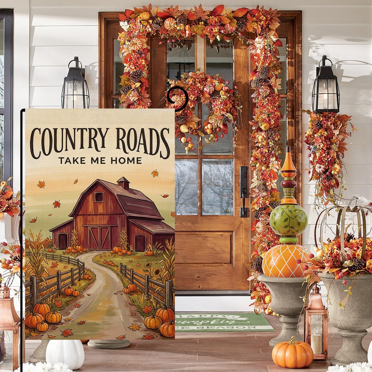 Fall Country Roads Take Me Home Garden Flag 12x18 Red Barn Farm Yard Decor