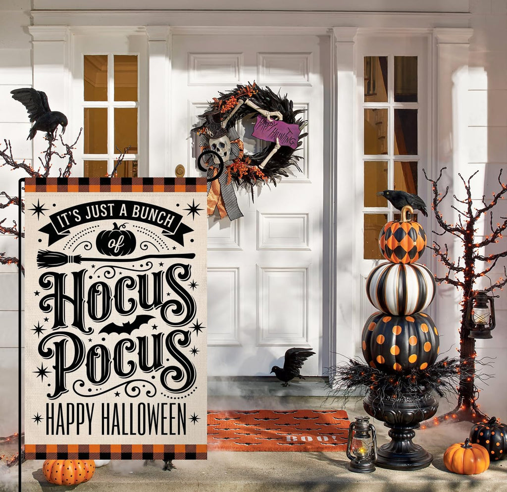 Fall Halloween Hocus Pocus Garden Flag 12x18 Witch Broom Bat Yard Decor