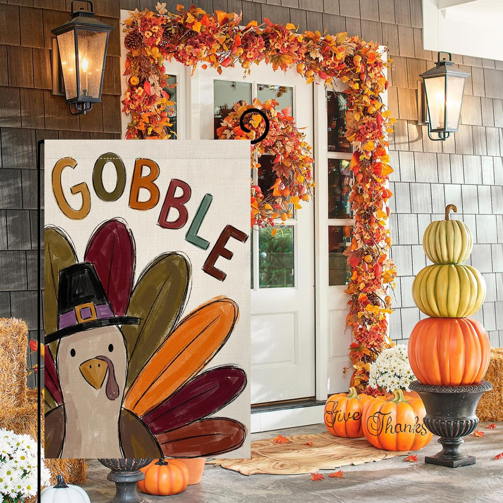Fall Thanksgiving Gobble Turkey Garden Flag 12x18 Pilgrim Hat Yard Decor