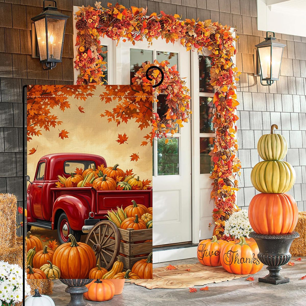 Fall Thanksgiving Red Truck Garden Flag 12x18 Pumpkins Corn Yard Decor