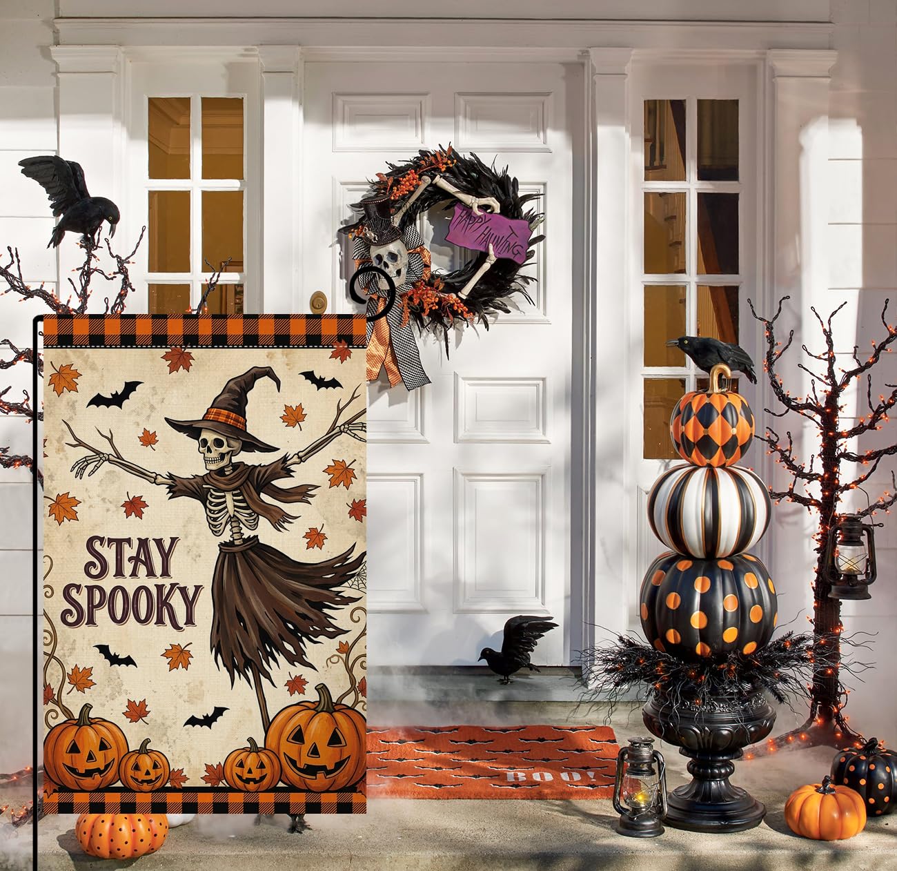 Fall Halloween Stay Spooky Skeleton Garden Flag 12x18 Witch Hat Yard Decor
