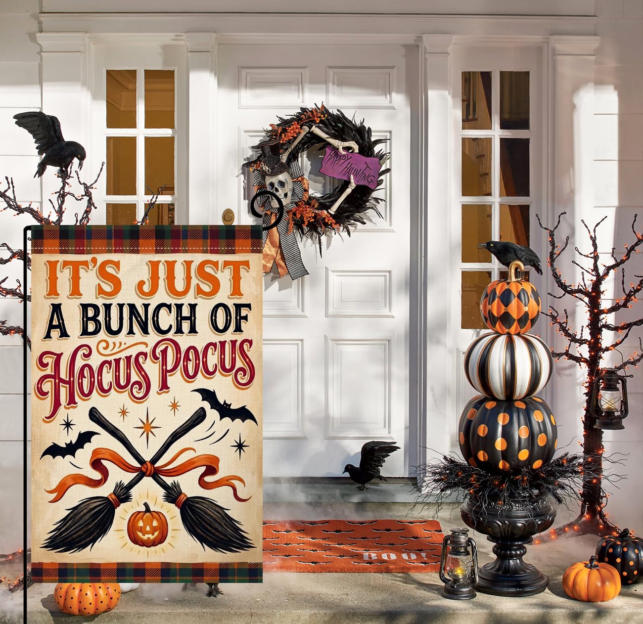 Fall Halloween Hocus Pocus Garden Flag 12x18 Witch Brooms Bats Yard Decor
