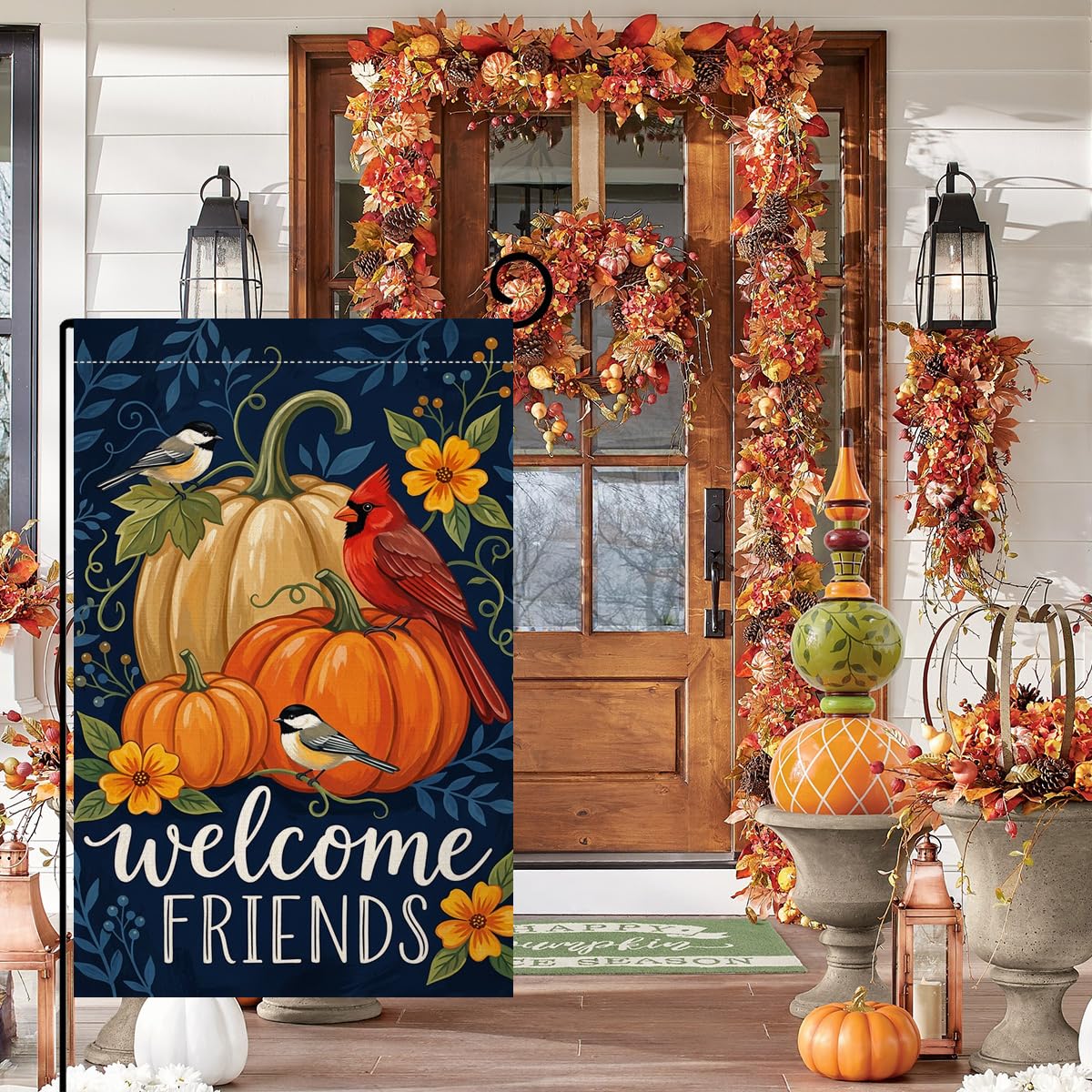 Fall Welcome Friends Pumpkins Garden Flag 12x18 Cardinal Birds Yard Decor