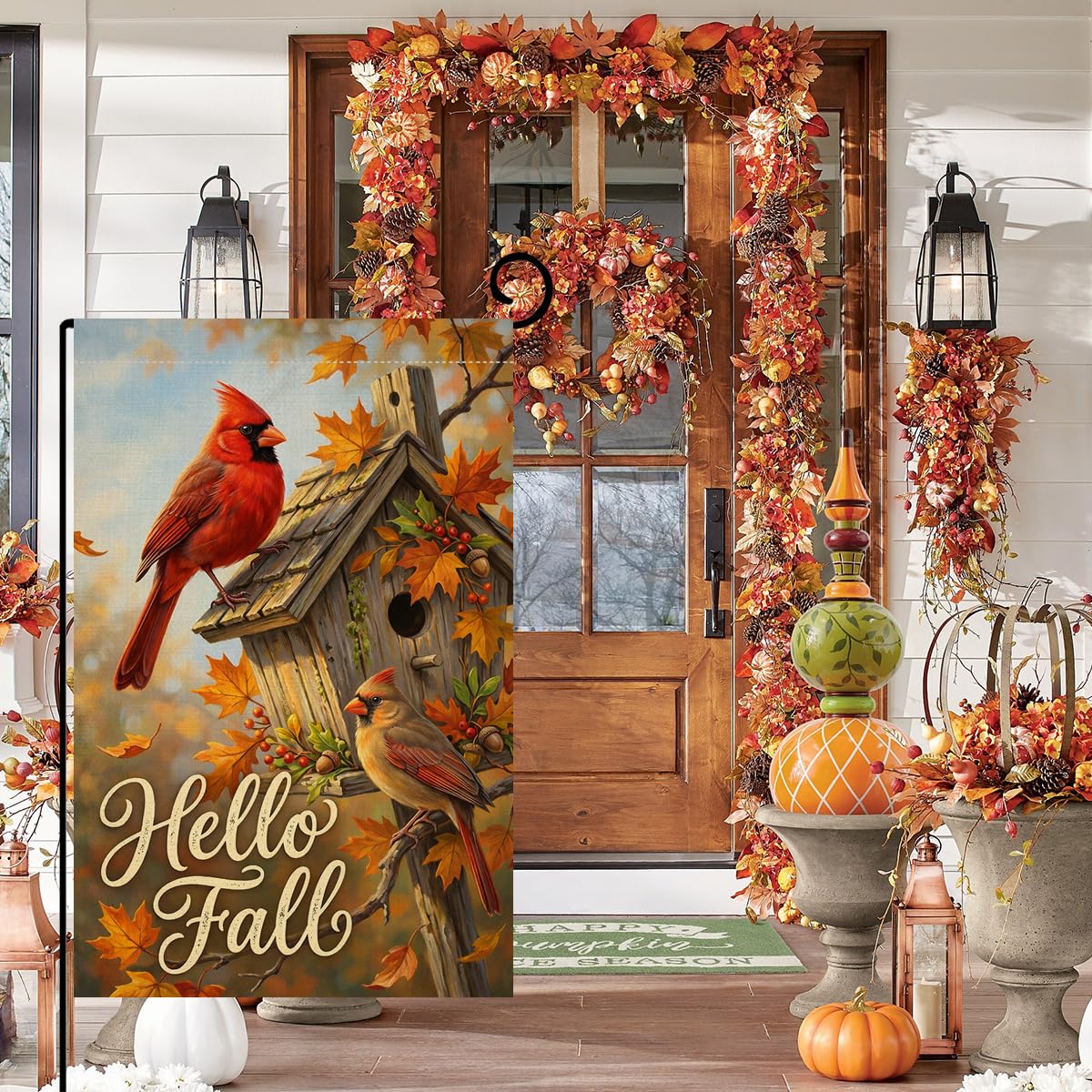 Fall Hello Fall Cardinal Birds Garden Flag 12x18 Birdhouse Maple Yard Decor