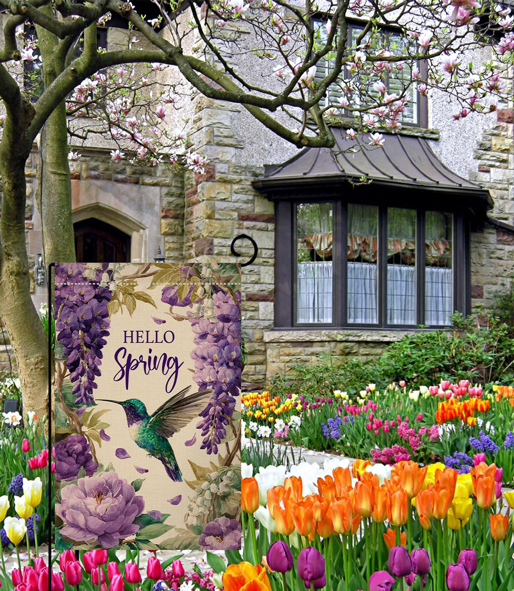 Hello Spring Bird Garden Flag 12x18 Vertical Double Sided Purple Flowers Farmhouse Holiday Outside Decorations Burlap Yard Flag