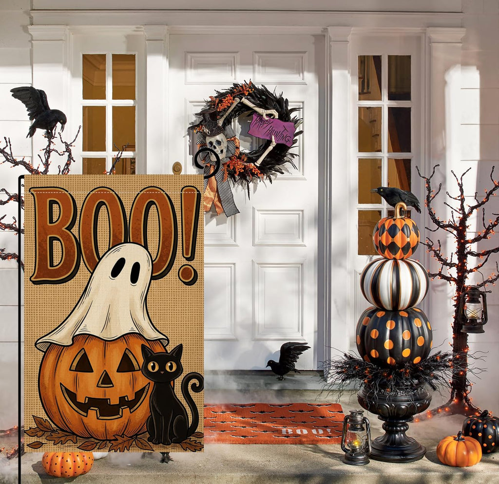 Fall Halloween Boo Ghost Garden Flag 12x18 Jack-o-Lantern Cat Yard Decor