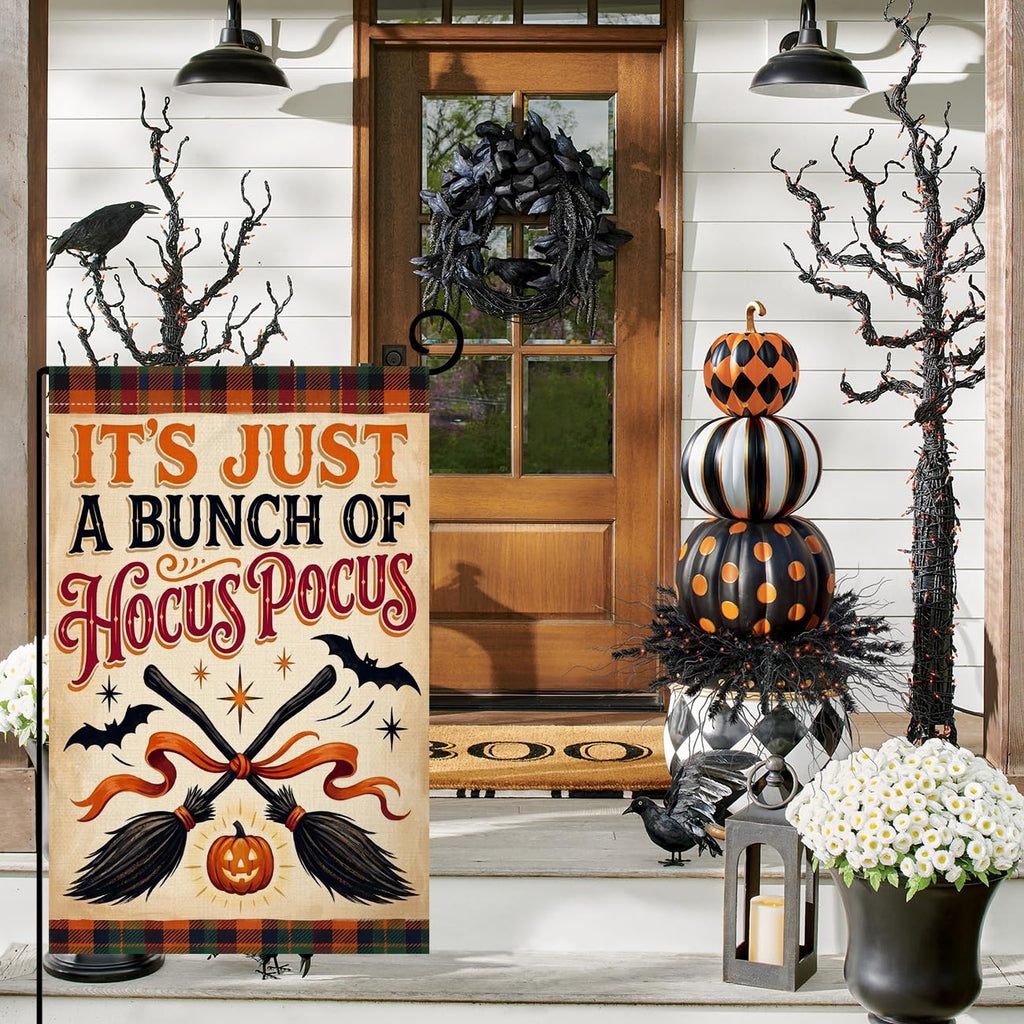 Fall Halloween Hocus Pocus Garden Flag 12x18 Witch Brooms Bats Yard Decor