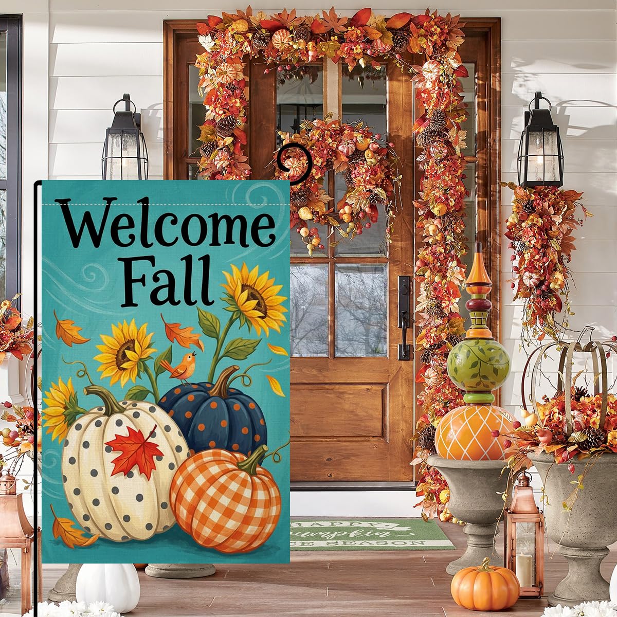 Fall Welcome Pumpkins Garden Flag 12x18 Sunflower Plaid Gingham Yard Decor