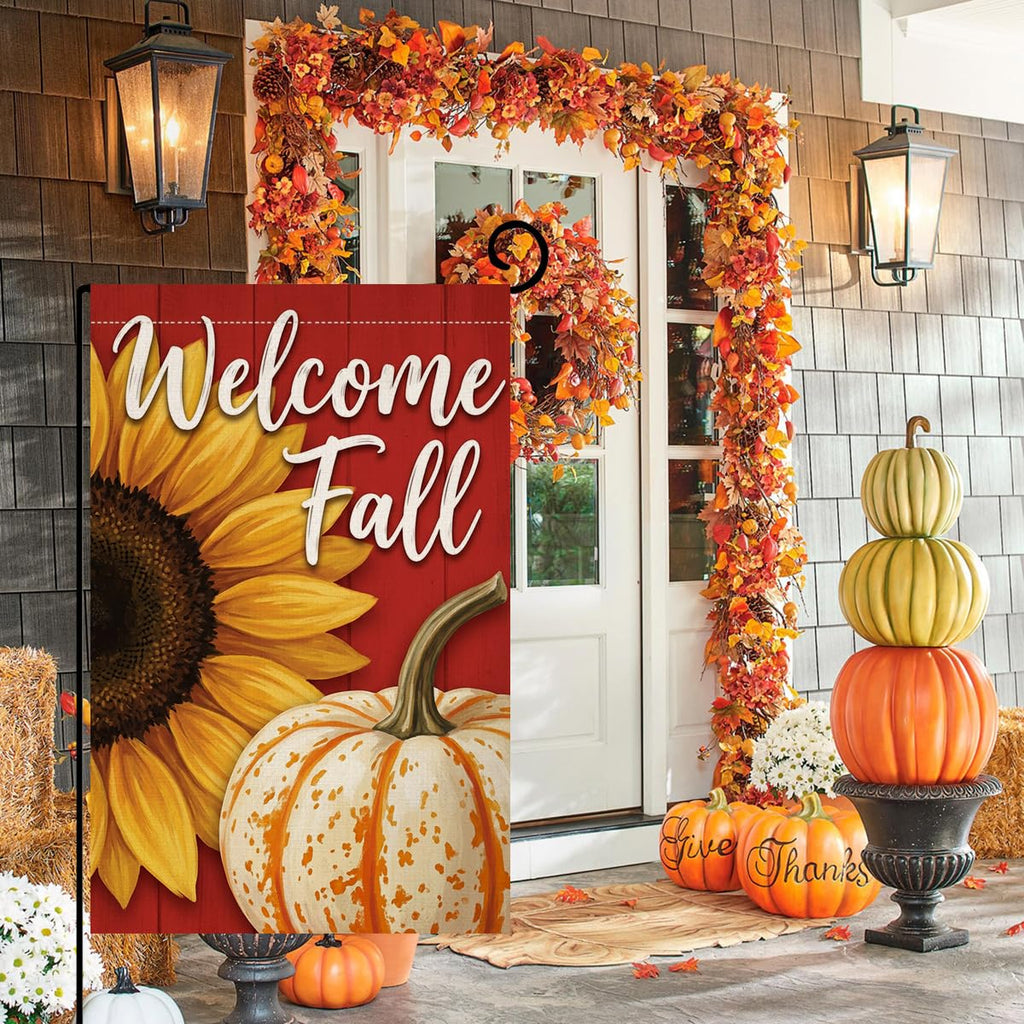 Fall Welcome Fall Sunflower Garden Flag 12x18 White Pumpkin Yard Decor