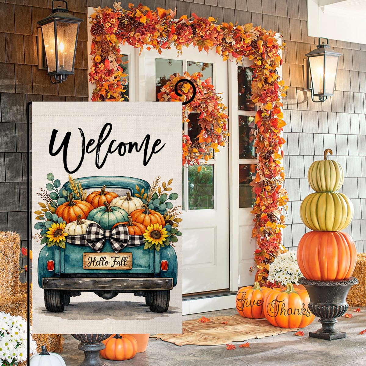 Fall Welcome Blue Truck Garden Flag 12x18 Pumpkins Hello Fall Yard Decor