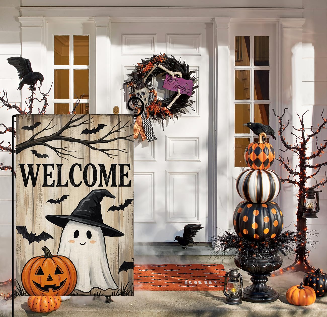 Fall Halloween Welcome Ghost Garden Flag 12x18 Witch Hat Bats Yard Decor