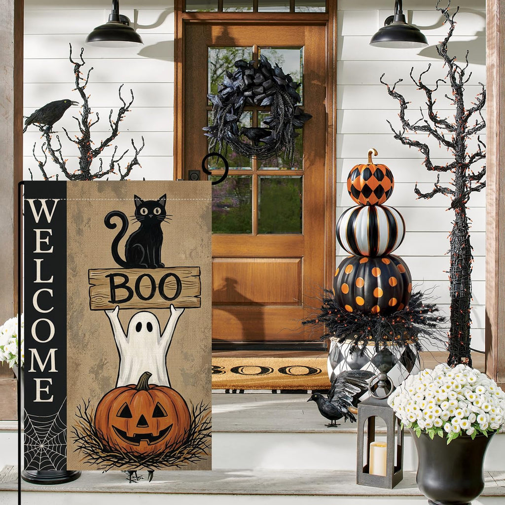 Halloween Welcome Boo Black Cat Garden Flag 12x18 Ghost Pumpkin Yard Decor