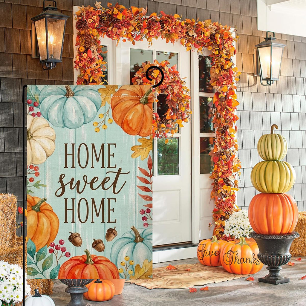 Fall Home Sweet Home Pumpkins Garden Flag 12x18 Acorns Leaves Yard Decor