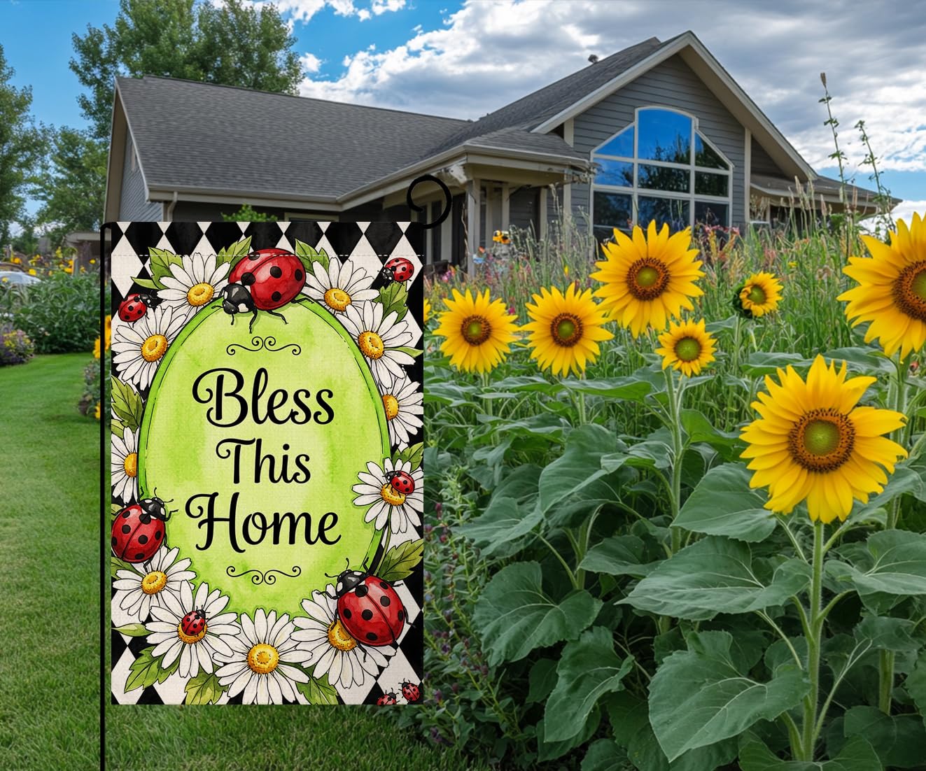 Spring Summer Daisy Garden Flag 12x18 Vertical Double Sided Ladybug Bless This Home Farmhouse Holiday Outside Decorations Burlap Yard Flag