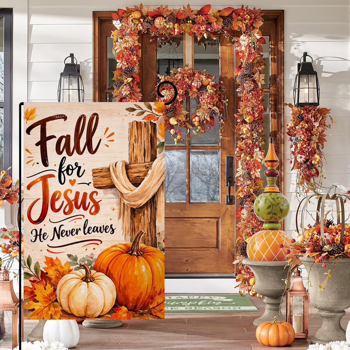 Fall for Jesus He Never Leaves Garden Flag 12x18 Pumpkins Cross Yard Decor