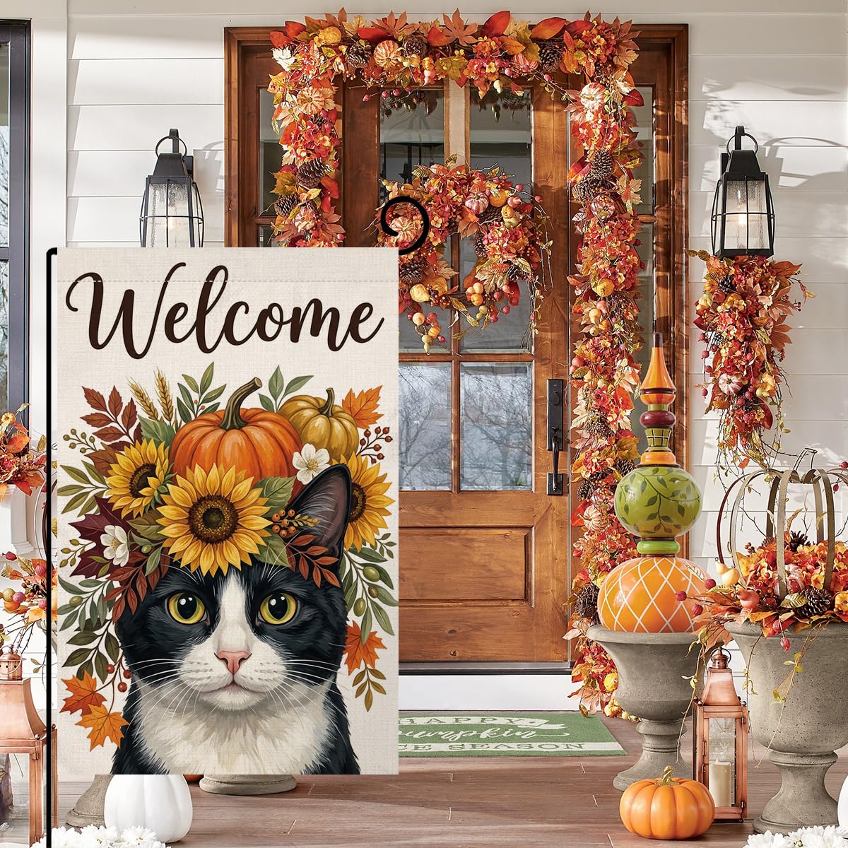 Fall Welcome Tuxedo Cat Garden Flag 12x18 Pumpkin Floral Crown Yard Decor