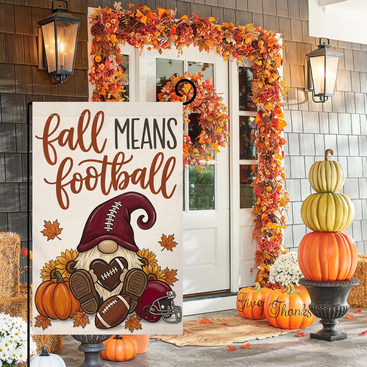 Fall Means Football Gnome Garden Flag 12x18 Pumpkin Helmet Heart Yard Decor